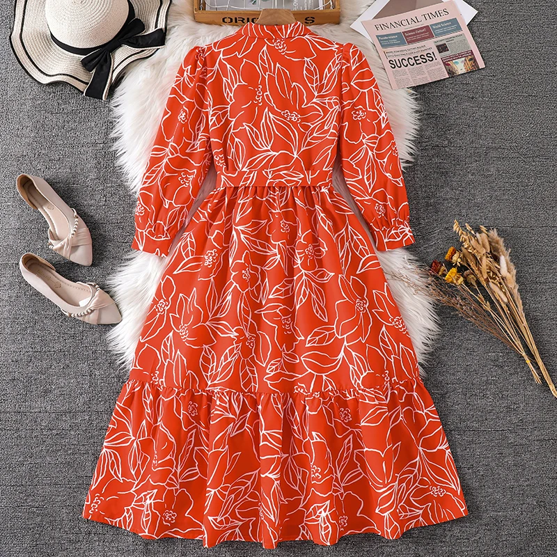 Langärmliges Kleid mit rotem Umrissdruck für Teenager-Mädchen, Stehkragen, geraffte Taille, mehrlagiges Rüschen-Swing-Outfit für Kinder im lässigen Stil – Detail 3