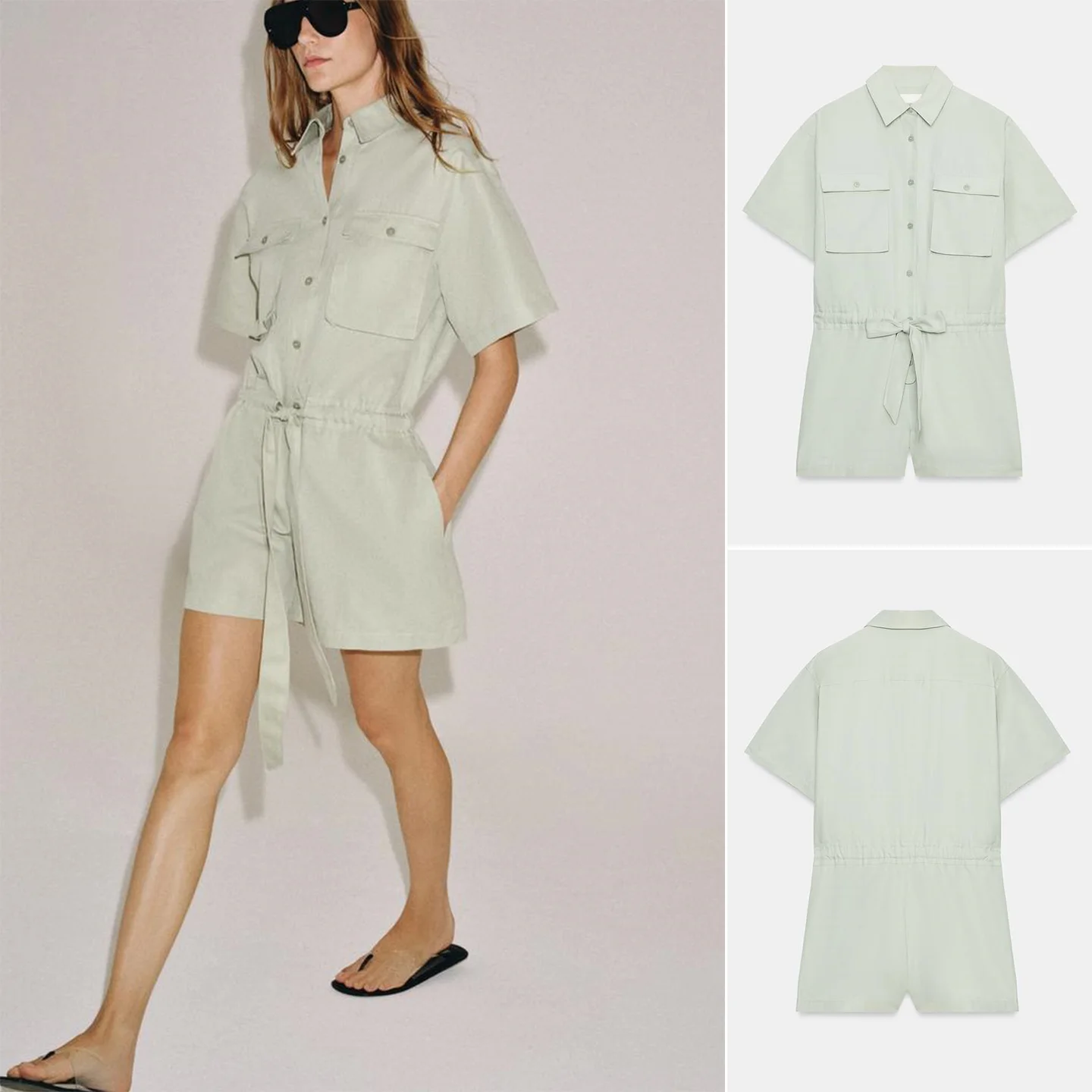 

Summer New Women's Shirt Collar Short Sleeve Single Row Multi Button Belted Overall Pants Straight Cut Commute Style Polyeste...
