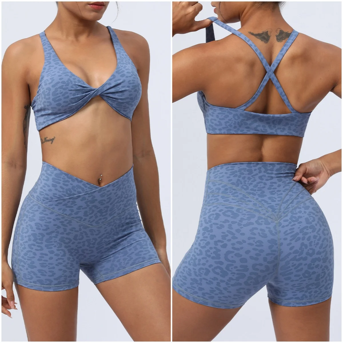 Women Workout Outfit Leopard Yoga Set Sports Bra Fitness High Waist Gym Shorts Spandex Women Tracksuit Breathable Running Suit