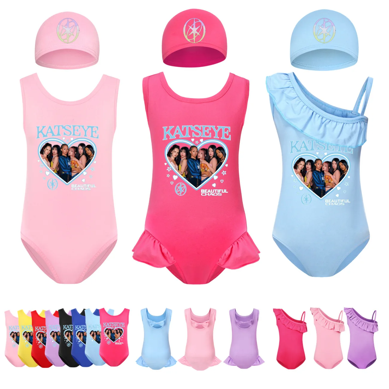 Hot Korean Style Katseye Graphic Clothes Kids Swimwear Girls Summer One-Piece Swimsuit Children Sleeveless Swiming Biniki Sets