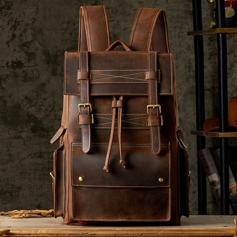 

Men's Leather Vintage Backpack Travel School Bag 17 Inch Laptop Storage Crazy Horse Leather Male Luxury Design Business Bags