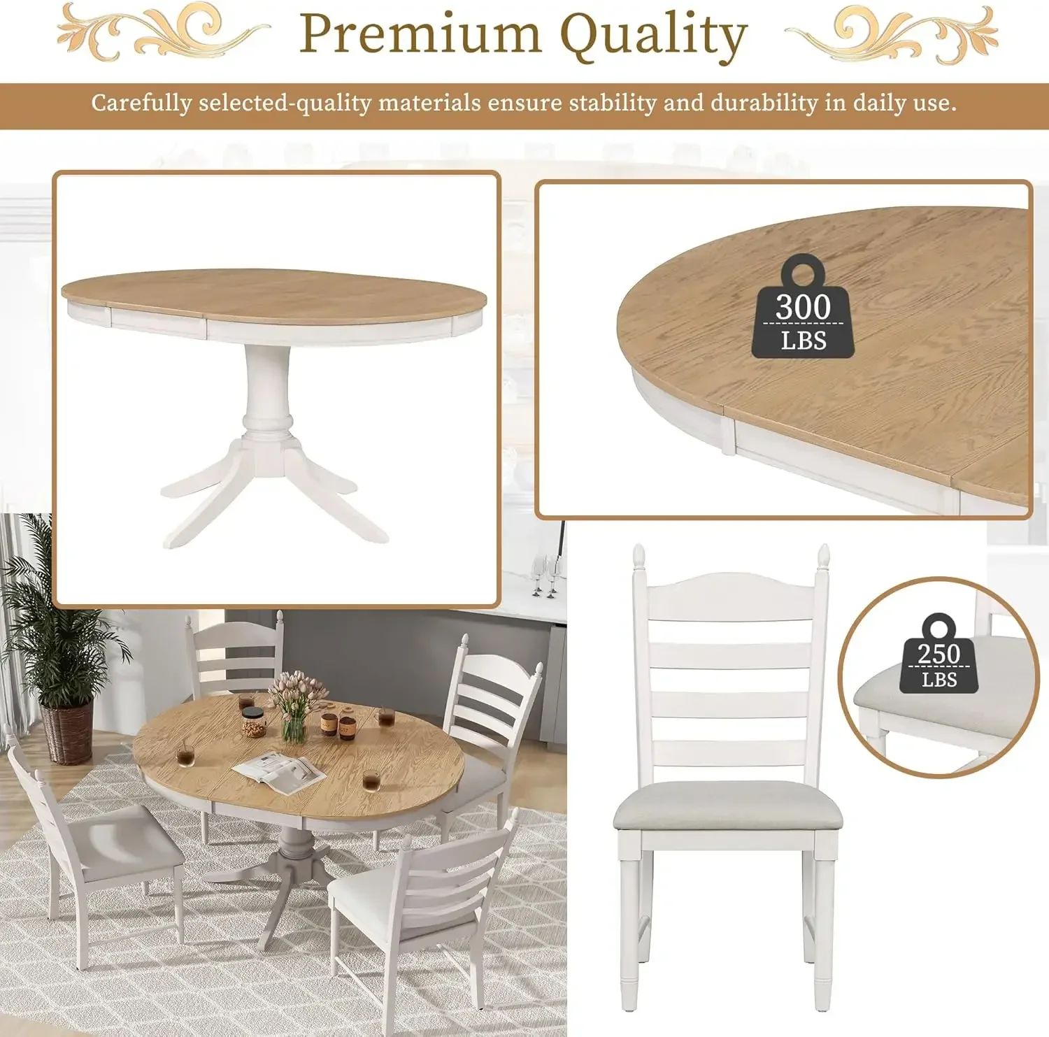 Solid Wood Extendable Round Dining Table Set with Chairs of 4,5 Piece Round Kitchen Dining Room Table Set with Extendable Table