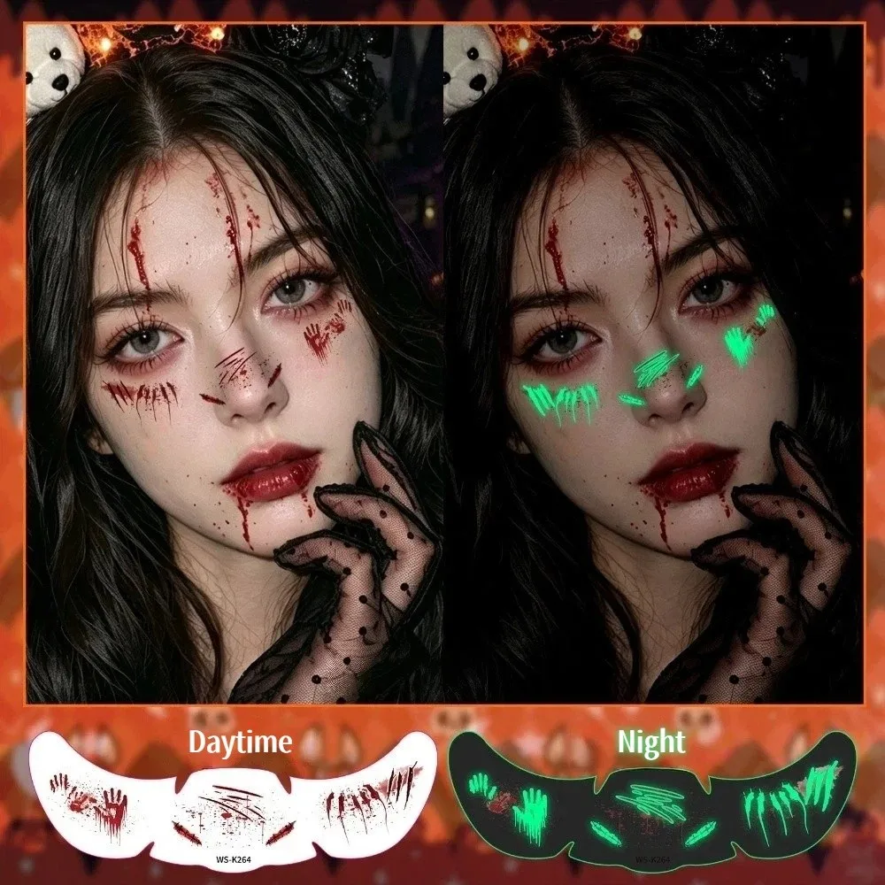 6 Sheets Waterproof Fluorescence Halloween Makeup Stickers Body Art Cartoon Bloodstain Blush Stickers Long Lasting Disposable
