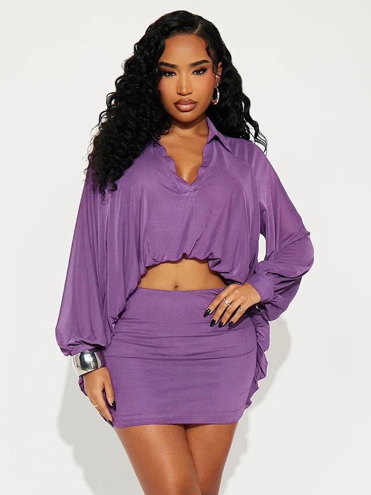 Nibber بسيط شبكة 2 قطعة مجموعة النساء التلبيب غير النظامية الشباك حافة الخامس الرقبة قميص + الخوخ الورك تنورة مطابقة ملابس عادية سليم #1