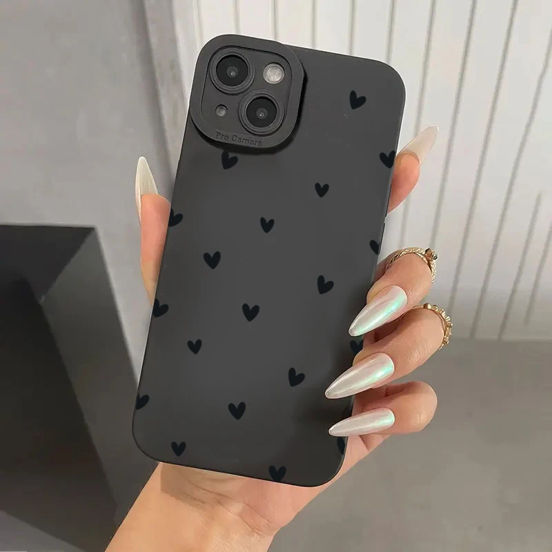 Funda de teléfono con corazón de amor negro para iPhone, carcasa suave de silicona a prueba de golpes para modelos 16, 14, 15, 13, 12, 11 Pro Max,