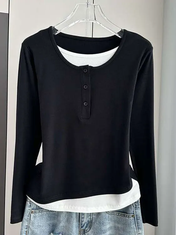 

plus Size Women's Long Sleeve T-Shirt Color Block Thin Inner Wear Top Casual Loose Fit Spring Autumn Polyester round Neck