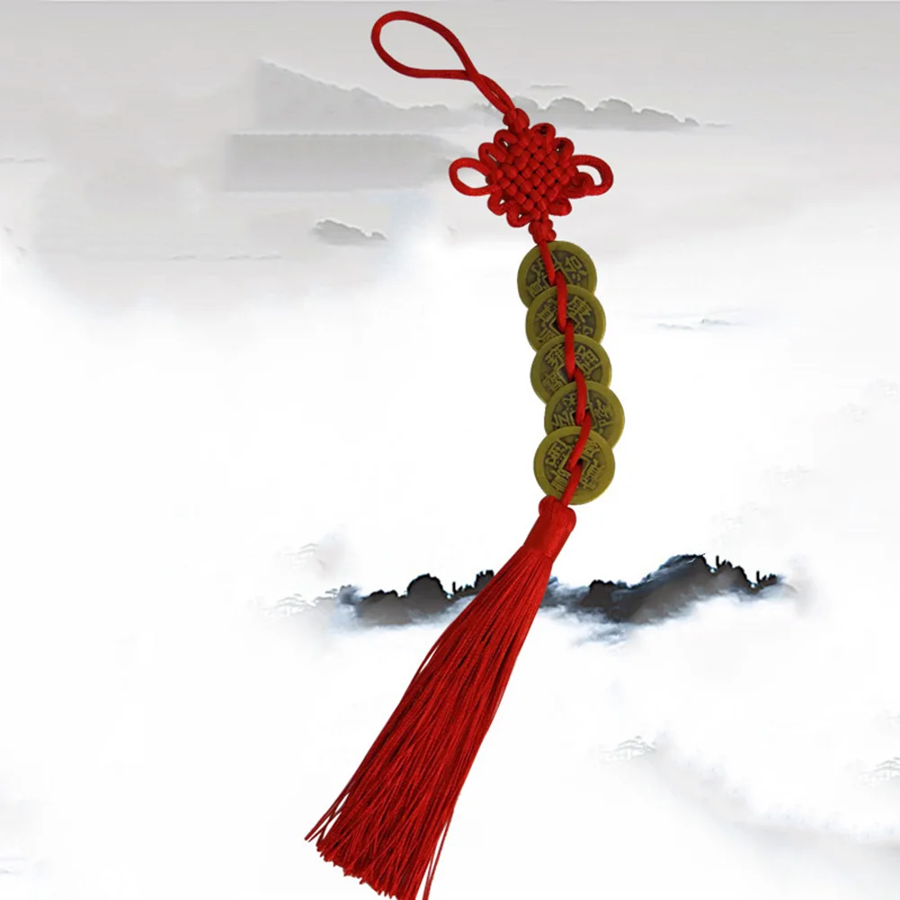 Chinese Knot Lucky Gold Rim Red Trumpet Tassel Copper Coin Gourd Five Emperors Money Auspicious Car Decoration Pendant