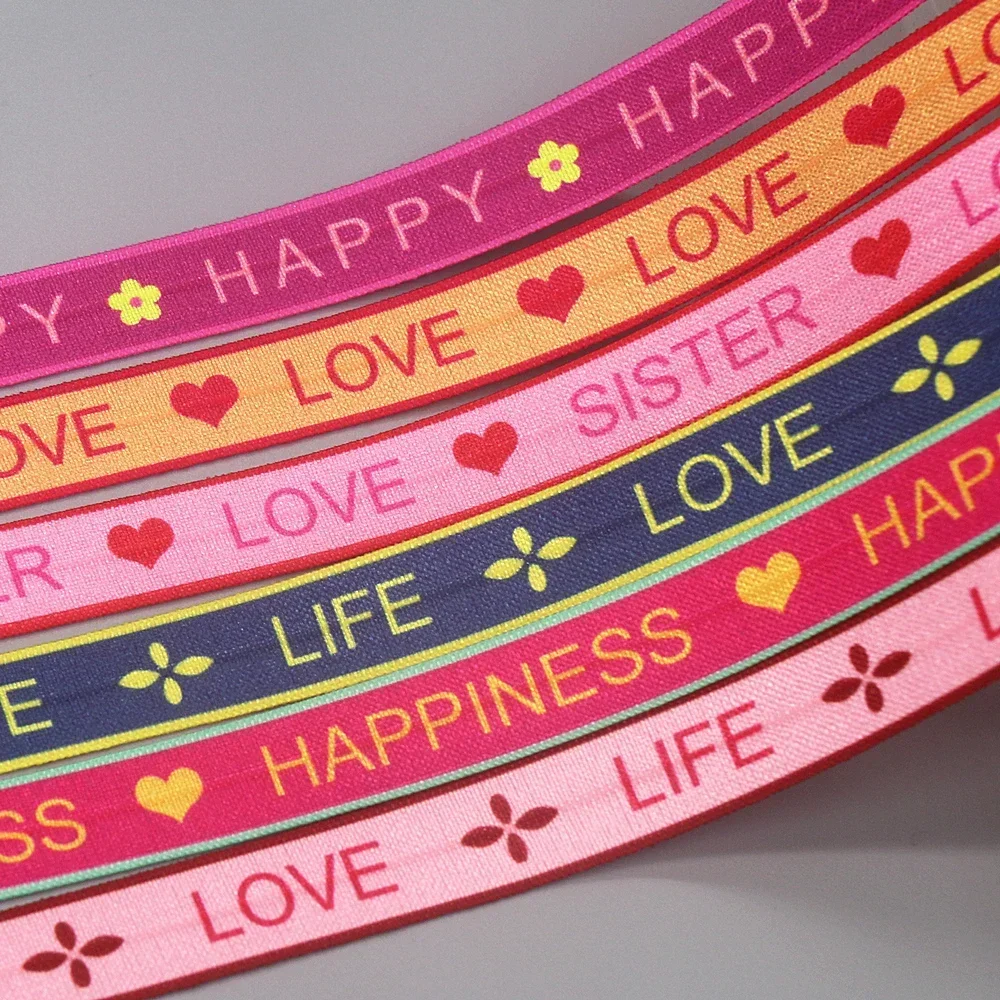 DHK 5/8\'\' 5yards Love Sister Life Happy Printed Fold Elastic FOE Stretch Ribbon Decorations Craft DIY Sewing E2118