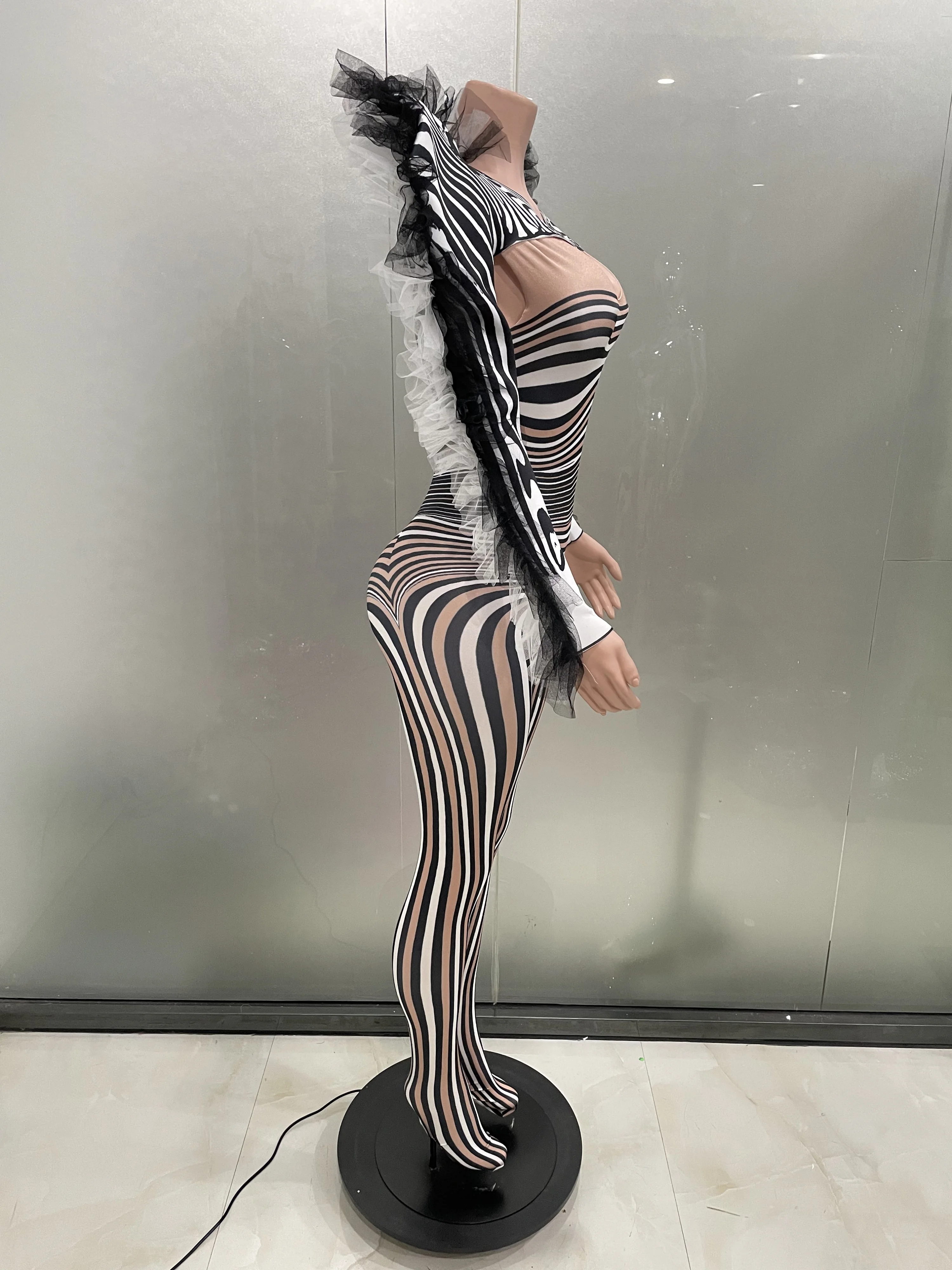 Stock Women Zebra Ruffles Long Sleeve Jumpsuit Halloween Birthday Party Costume Bar Nightclub Stage Performance Rompers