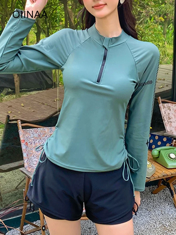 

OIINAA Swimsuit Women O Neck Long Sleeve Drawstring Bikini Set Two-piece Beach Shorts Summer 2025 New Korean Hot Spring Swimwear