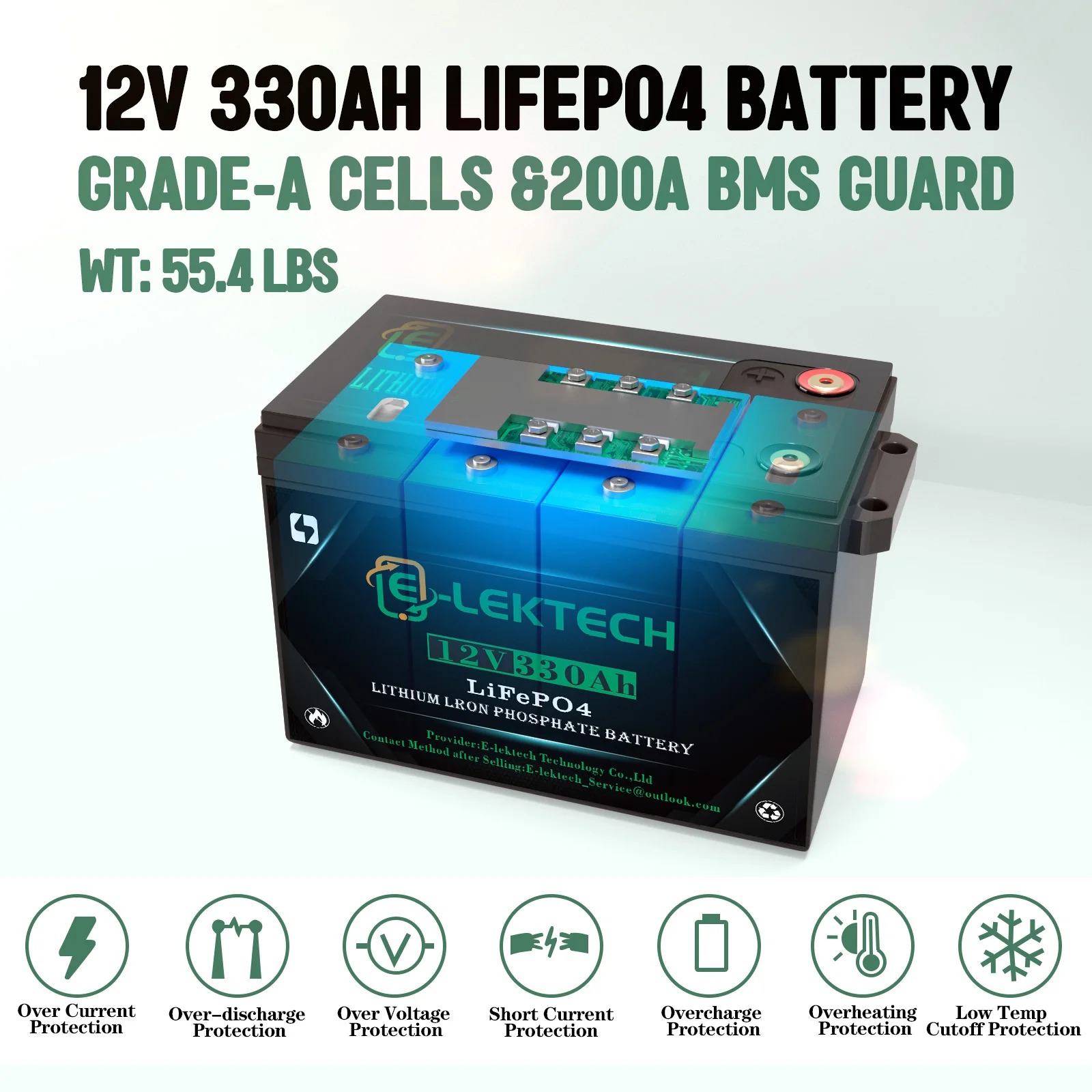 Lithium Battery LiFePO4 12V 330Ah Deep Cycle Rechargeable Battery Built‑in BMS for Solar System RV Camper Boat Off‑Grid Power Storage