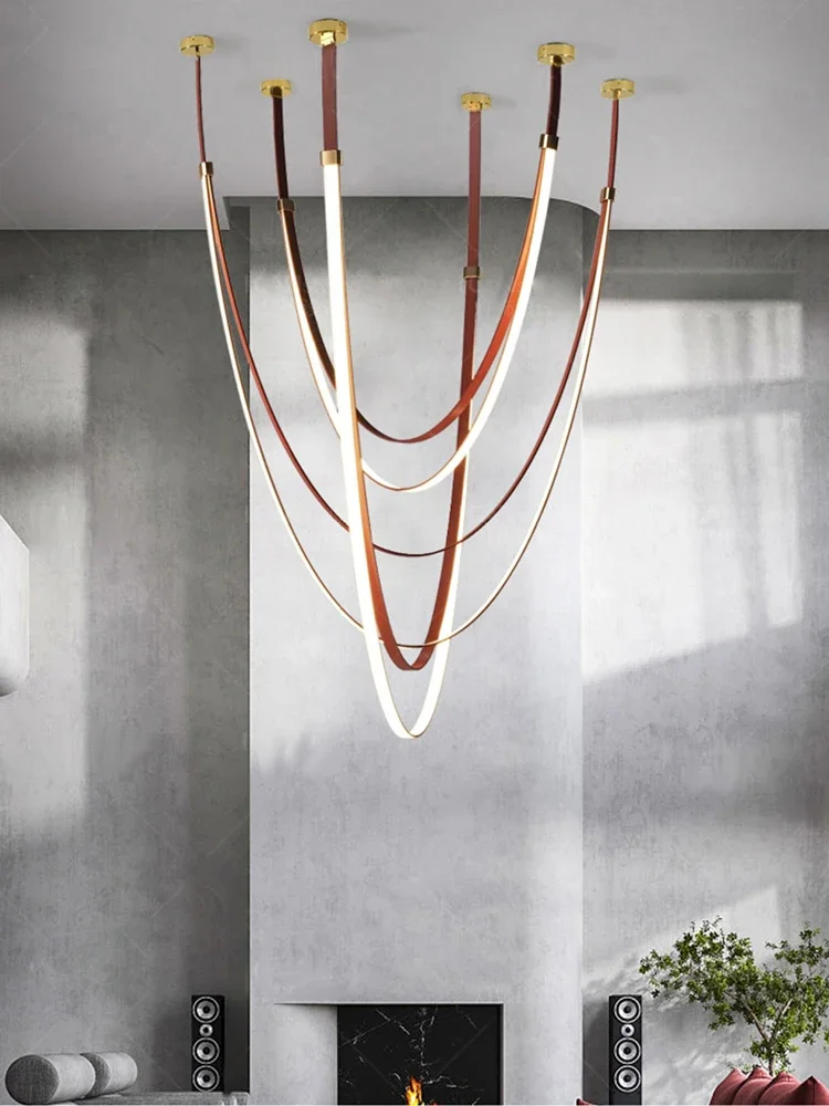 Imagem -04 - Modern Leather Chandelier Designer Belt Pendant Light para Villa Hotel Duplex Building Restaurante Led Staircase Iluminação Suspensa