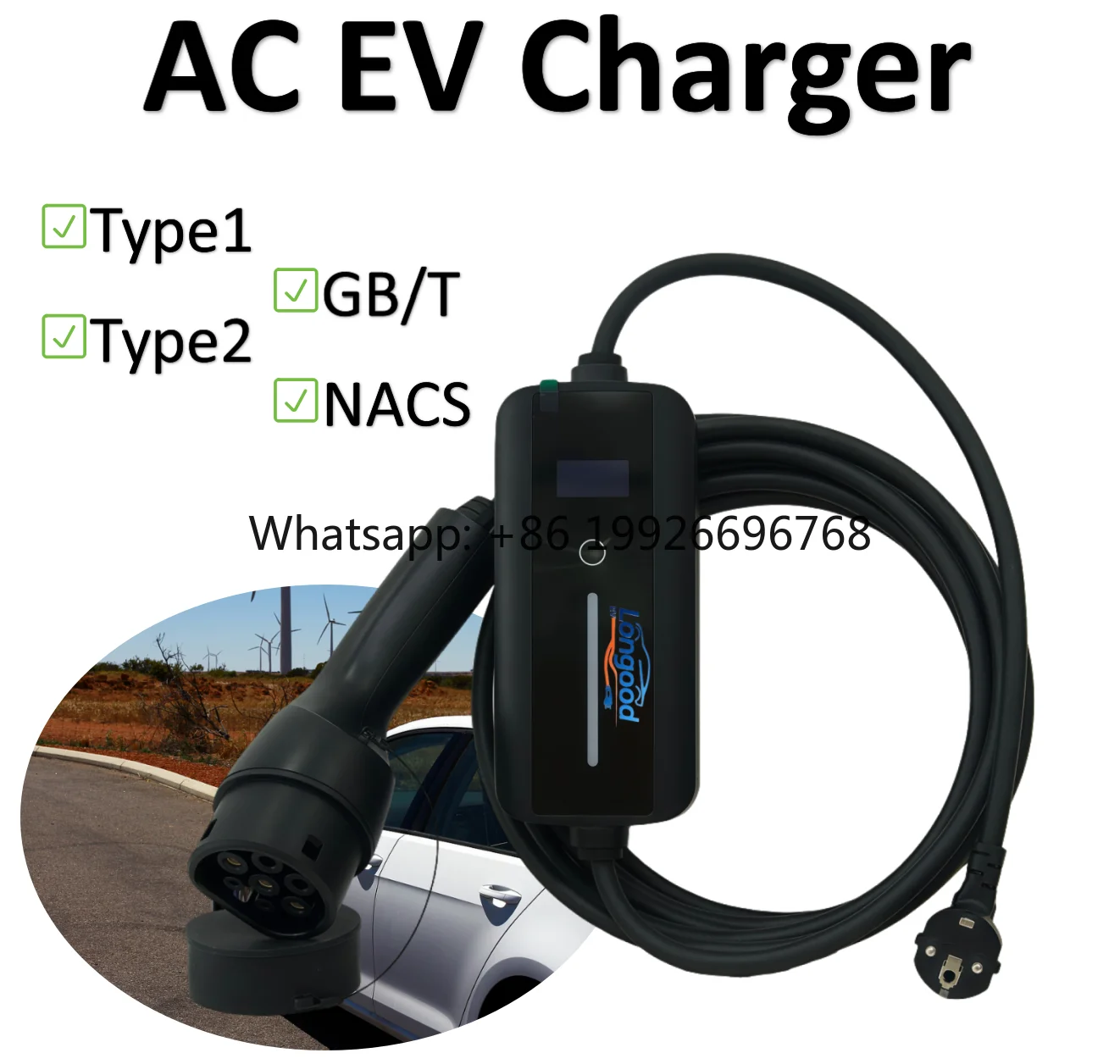 

New 2026 Portable AC New Electric Vehicle Charger Indoor/Outdoor Use 8A~16A 3.84KW Type1/ Type2 / NACS IP67