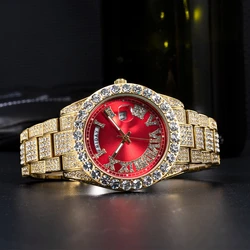 New Day Date Watch For Men Top 18k Gold Diamond Iced Out Male Reloj Luxury Luminous Bling Stainless Steel Quartz Wristwatch Gift