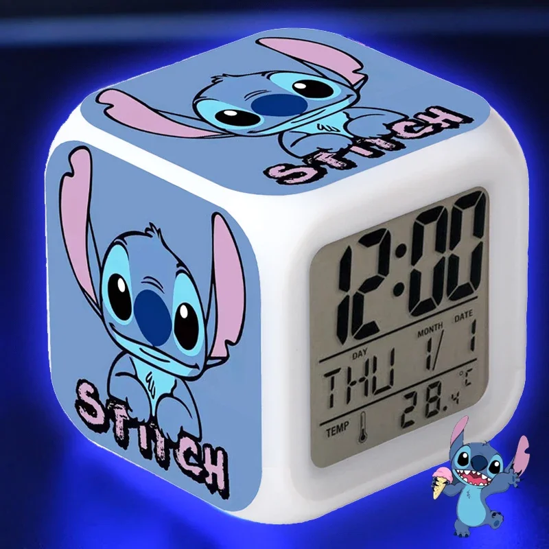 Disney Stitch Alarm Clock Growing LED Color Change Digital Light PVC Lilo & Stitch Cartoon Figure Toys for Kids Birthday Gift