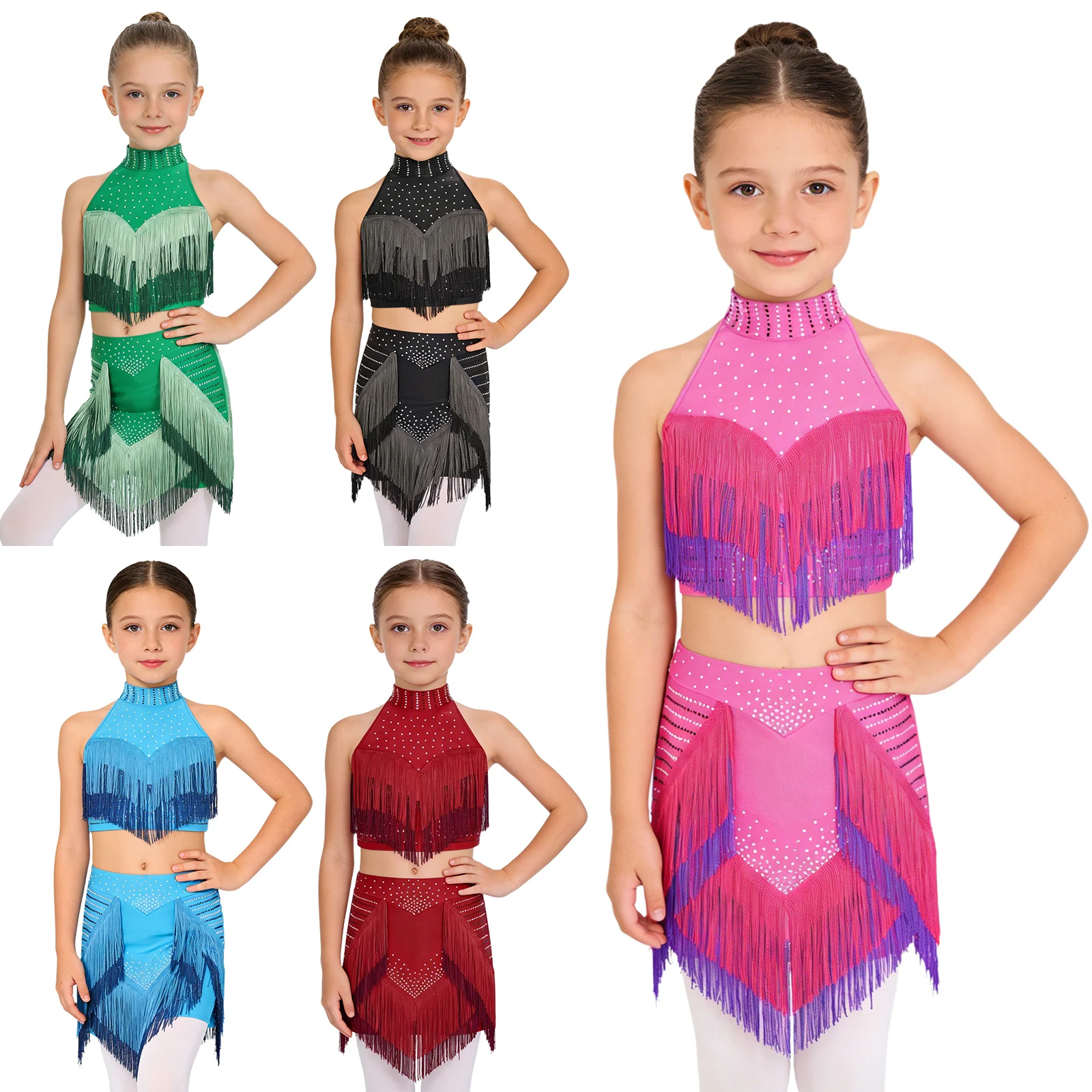 Kids Girls Rhinestone Tassel Latin Salsa Samba Dance Outfit Performance Costume Backless Crop Top with Skirt Leotard Dress