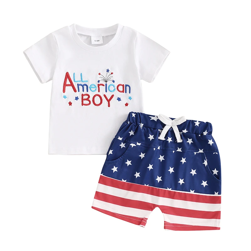 

4th of July Toddler Boys Outfits Letter Embroidered Short Sleeve T-Shirt Stripe Star Print Elastic Waist Shorts 2Pcs Clothes Set