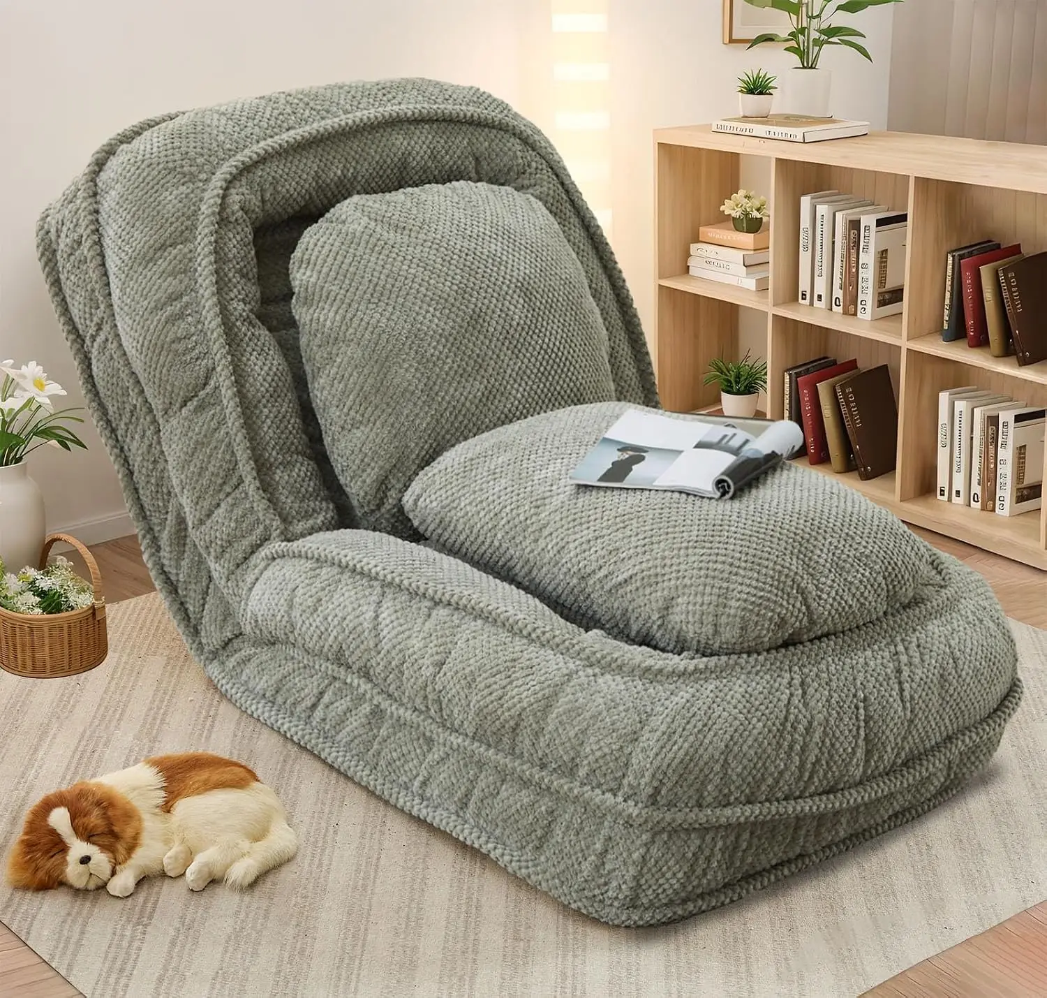 & Pets, Convertible Sofa with 5 Adjustable Position, Tatami Bean Bag Lounge with 2 Pillows for  Customized