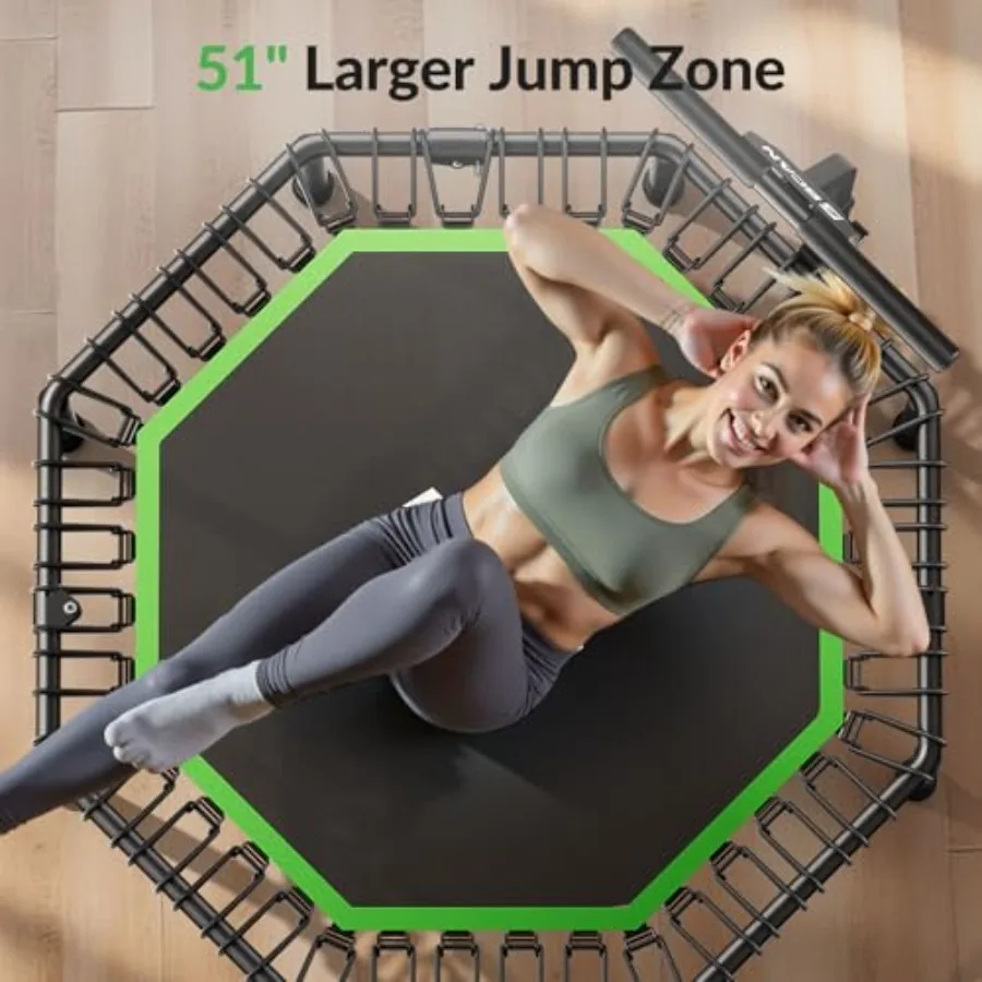 Home gym rebounder trampoline: octagonal black silent bungee cords 51-inch jumping area T-adjustable handle 450 lbs max load