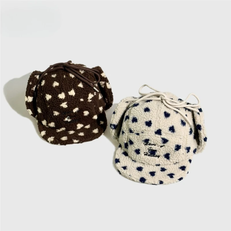 Koreanische Version Polka Dot Plüsch Baseballkappe für Männer und Frauen, Bombermütze, Winter Lammwolle, warm, Outdoor, Ohrenschutz, Pilotenmütze – Detail 3