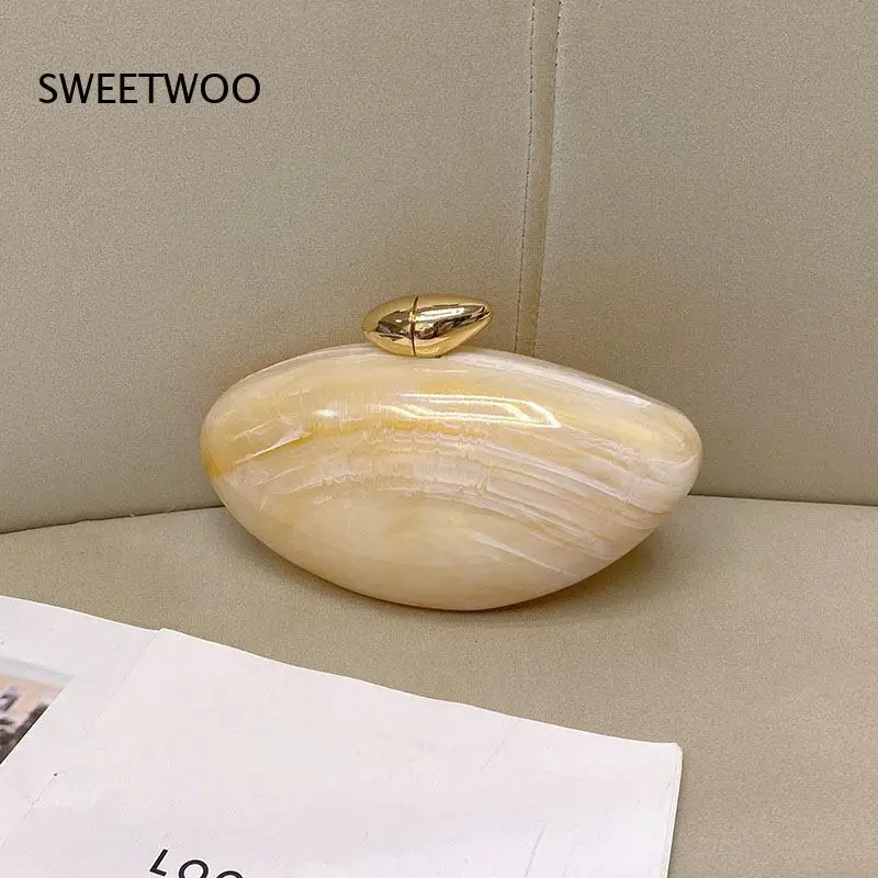 Marble Pattern Shell Shaped Acrylic Evening Clutch Bag with Gold Tone Lock for Party and Wedding