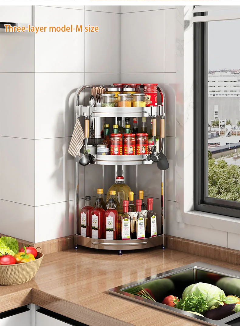 Spice Racks Kitchen Corner Multi-layer Shelf Corner Storage Wall Hanging No Punching Shelf Punching-free Triangle Rack Stainless