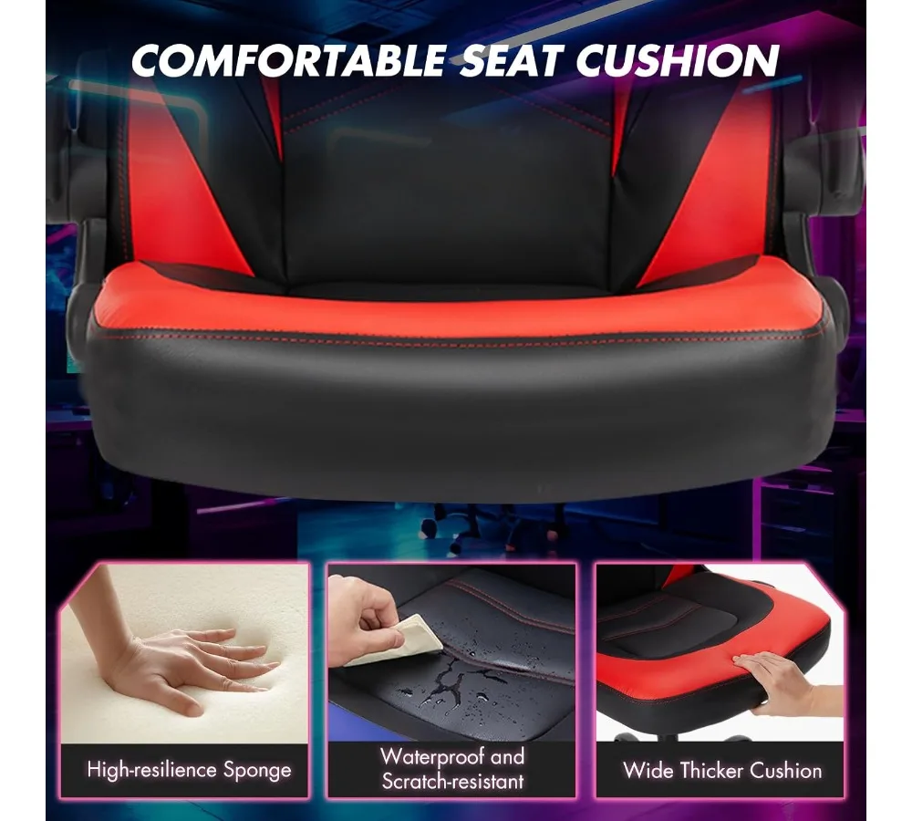 كرسي ألعاب مريح - جلد PU، دعم قطني، مساند للذراعين قابلة للطي، ارتفاع قابل للتعديل 360 درجة °   دوارة للبالغين