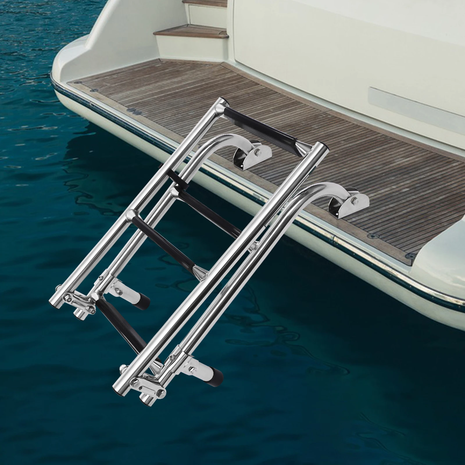 Folding Marine Boat Step Ladder with C-clamp, Portable, Space-saving, 2+2 PVC-covered Drop Ladder for Yacht