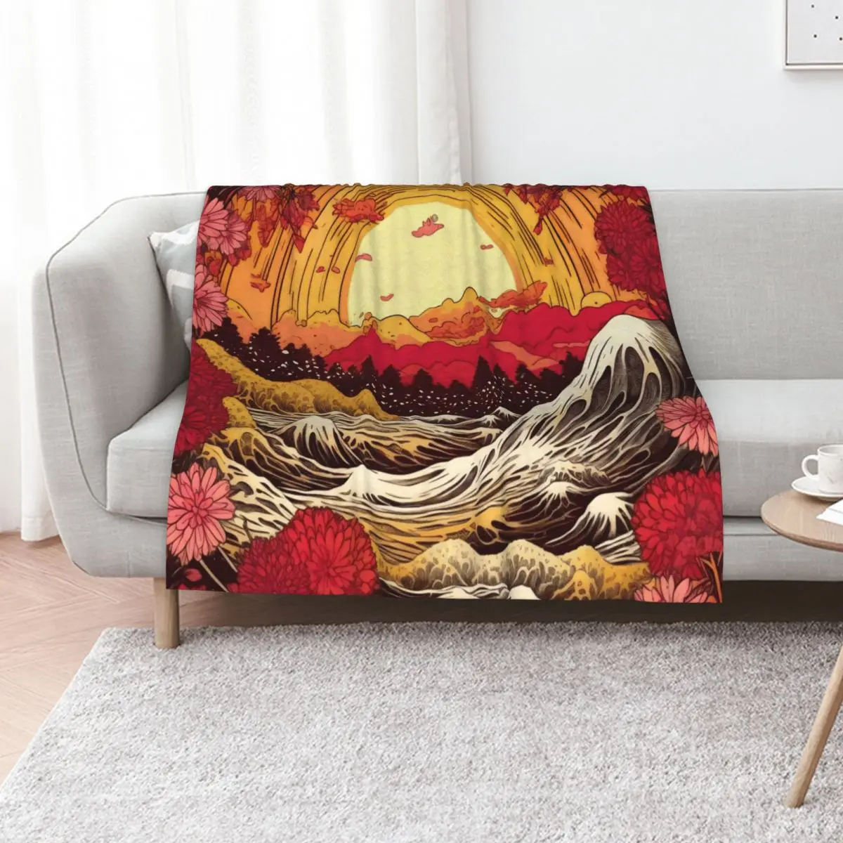 Japanese Japan Wood Block Sunset Okiyo-e Garden Flowers Landscape Throw Blanket No Pilling Soft Warm Blanket for Bed