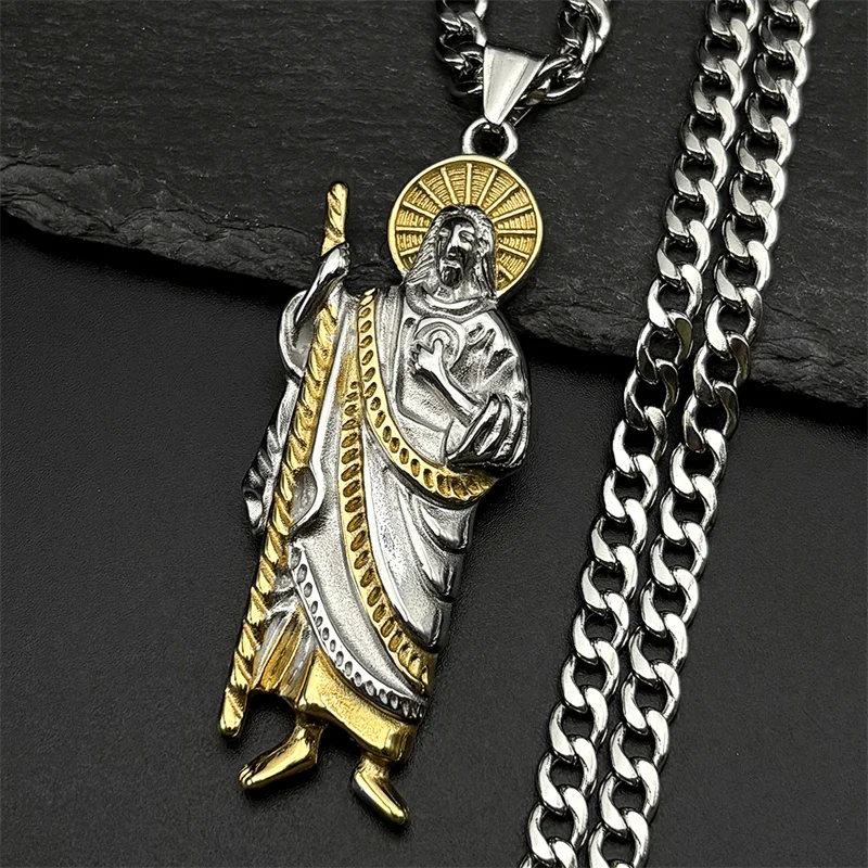 San Judas Tadeo Pendant Necklace for Men Women Stainless Steel Gold Silver Color Catholic Saints Apostle of Jesus Chain Jewelry