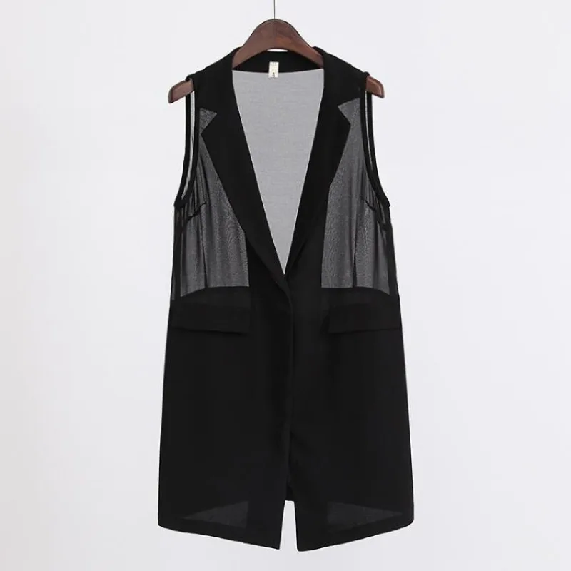 

Spring Summer Korean Version Vests Plus Size Women's Chiffon Horse Clip Mid-length Vest Air-conditioned Shirt POLO Collar Blazer