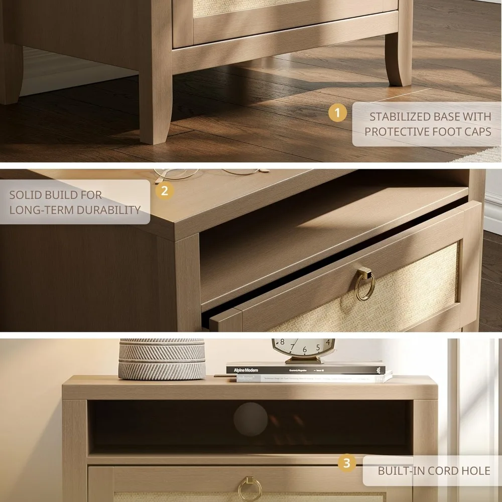 منضدة محطة شحن مقاس 23.6 بوصة مع درجين ورف تخزين، طراز الروطان البوهيمي لمساحات غرف النوم الصغيرة #6