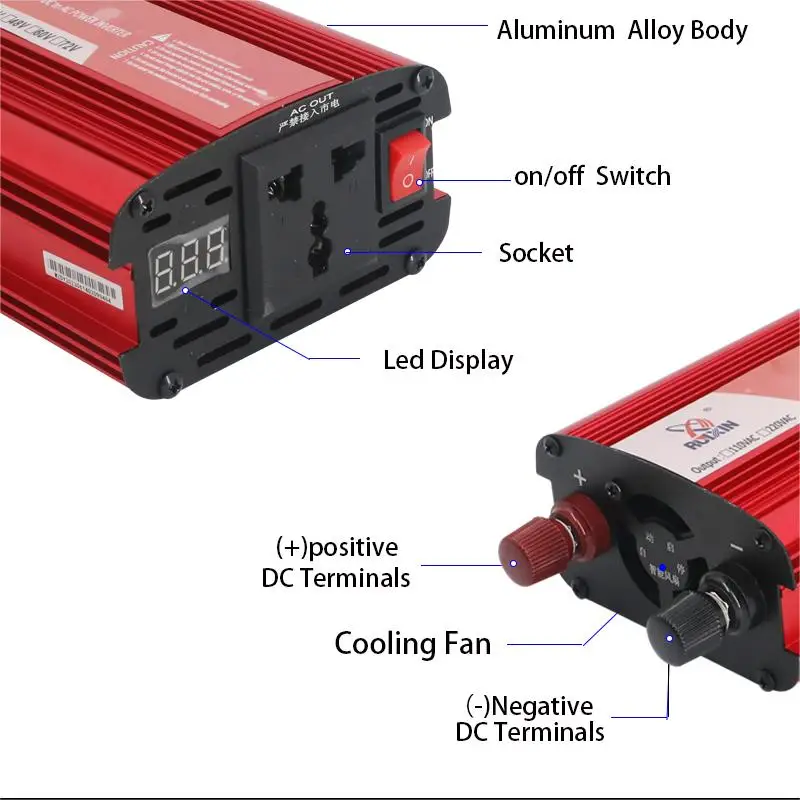 Imagem -02 - Conversor de Carro ca com Display Digital Inversor de Energia 1000w 2000w Pico dc 12v 24v 48v 60v 72v a 110v 220v