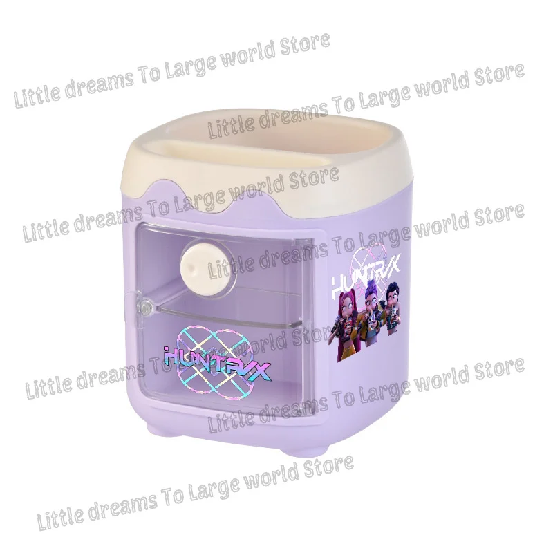 Kpop Demon Hunters Pencil Holder Desktop Square Pen Pot with Drawer Office Student Supplies Anime Pens Container Organiser Gifts - Detail 1