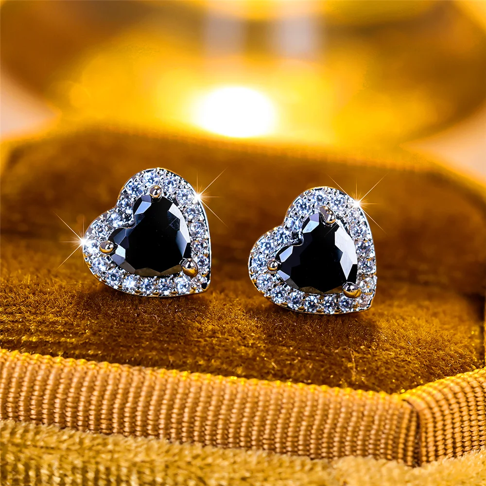 Cute Female Black Zircon Stone Small Heart Stud Earrings Vintage Silver Color Wedding Jewelry For Women