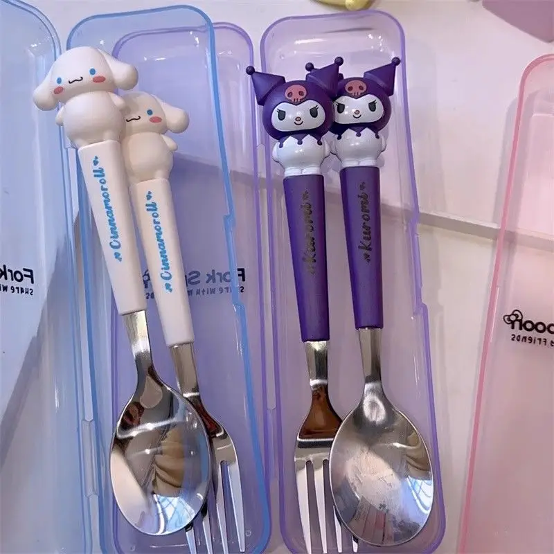 Hello Kitty Kuromi Cinnamoroll My Melody Cartoon Kawaii Cute Style Stainless Steel Spoon Fork Portable for Students to Work Gift