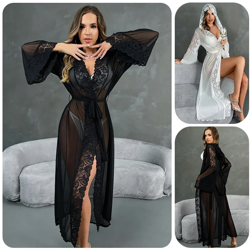 Sexy Perspective Mesh Bride Wedding Robe Nightgown Patchwork Lace Long Hooded Kimono Bathrobe Gown Home Dress Elegant Sleepwear