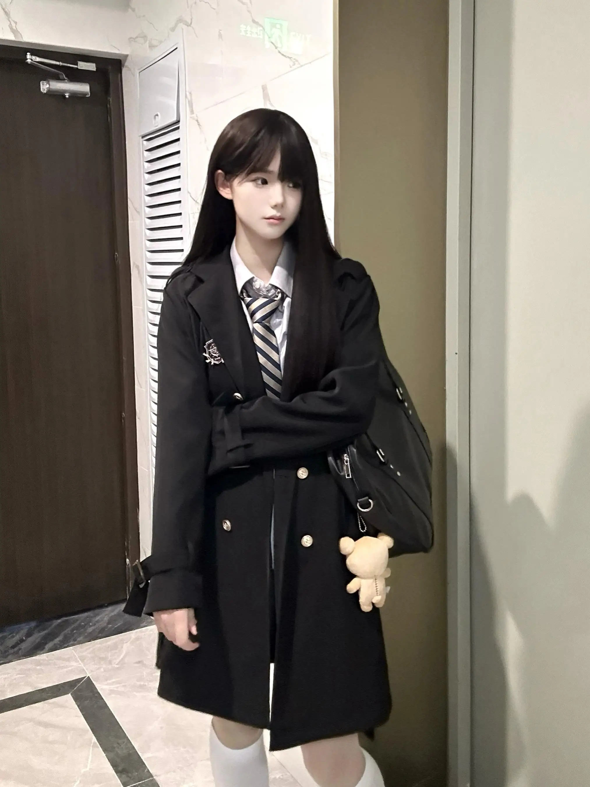 Cherry JK Korean Style Short Coat Double Row Buttons Medium Long Commuter Polyester Fiber Women's Jacket Autumn Season