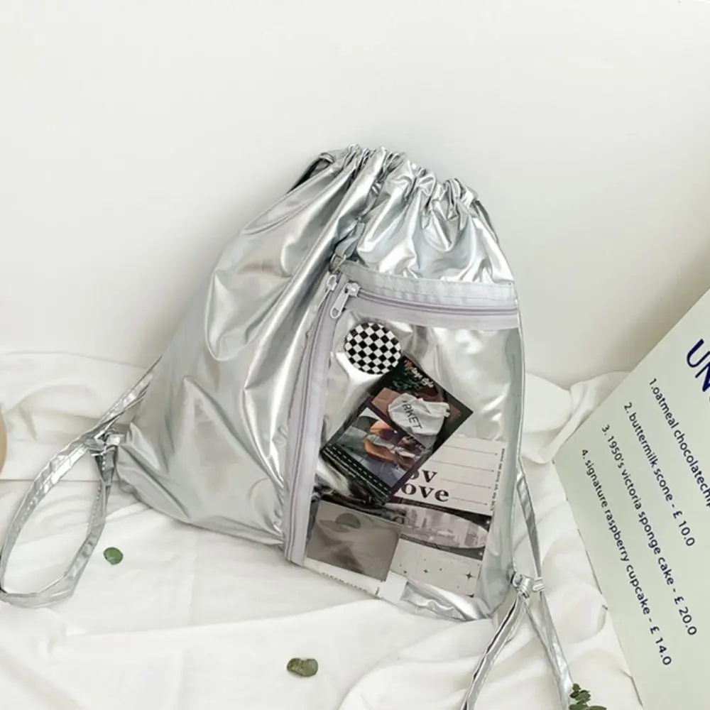 Transparent Pocket Drawstring Backpack Silver PU Large Capacity Korean Style Itabag Fashion Design Handheld Bag Shoulder Bag
