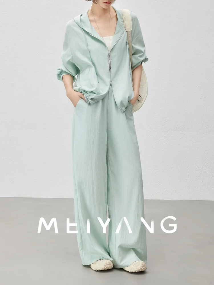 

Комплект MeiYang Relaxing Set: повседневный костюм из двух предметов (куртка и брюки) с мятным принтом, лето 2025, вискоза, длинный рукав, на молнии, с капюшоном