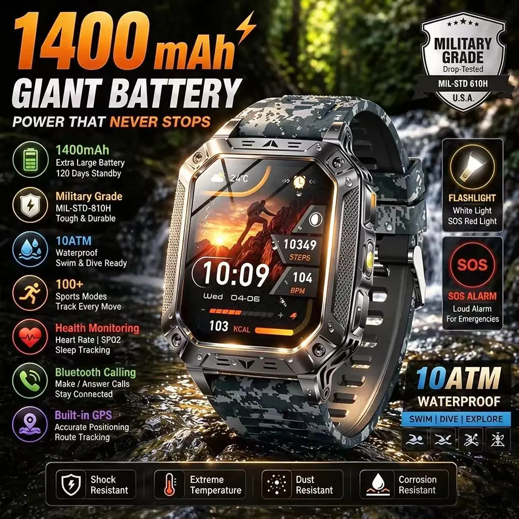 New 2026 Men Smartwatch: 1400mAh battery, outdoor GPS, 2.01