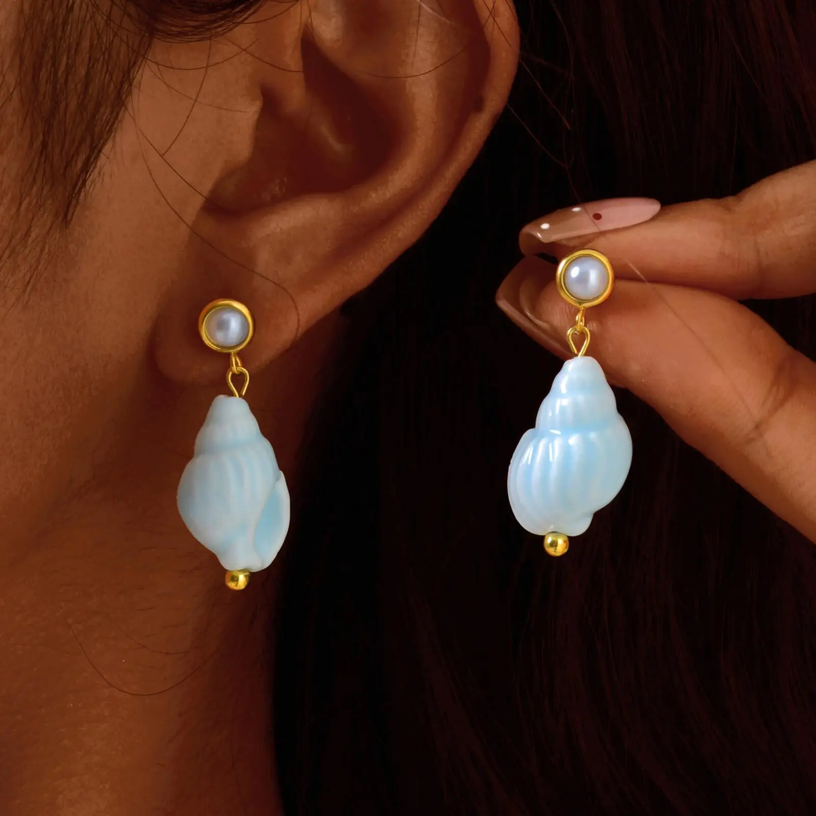 Light Blue Ceramic Conch Fish Dangle Earrings for Women, Waterproof Ocean Beach Summer Jewelry Holiday Gifts