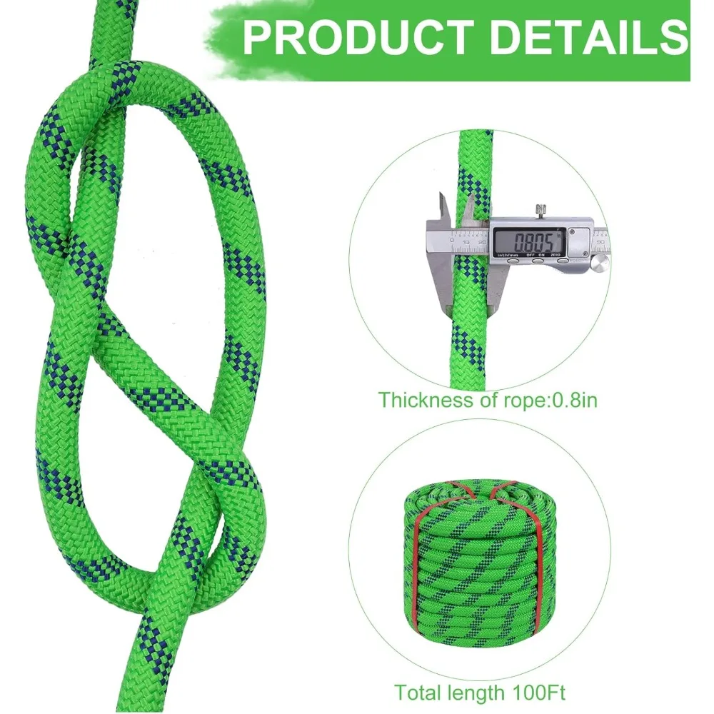 CQArborist Rope 3/4 inch x 100ft Climbing Rope 48 Strands Green Polyester Rope for Hiking Camping Swing Rappelling Rescue