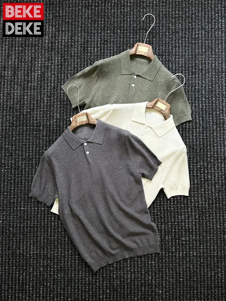 Business Men Summer Work Breathable Linen Knitted Tops Short Sleeve Lapel Collar Comfortable Tees Tops Solid Colors Streetwear