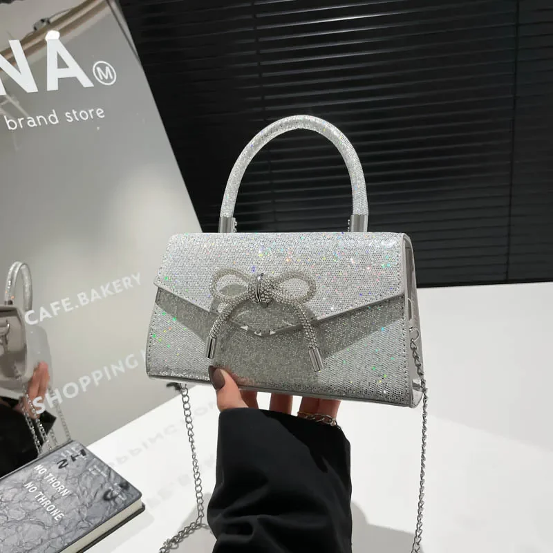 Women Shoulder Bag Large Capacity Messenger Handbag with Bow Sequins and Chain Strap Niche Trendy Style for European American