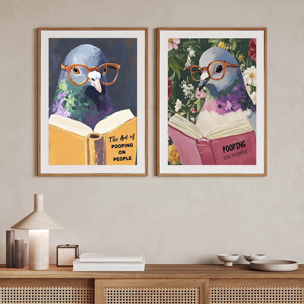 Humorous Pigeon Reading Pooping Bathroom Art Print Quirky Home Decor for Wall Funny Cheeky Animal Poster