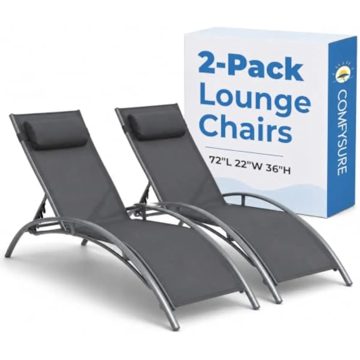 Aluminum and steel chaise loungers set of two, 4-way reclining backrests, ergonomic S-curve frame, removable headrest pillow, st
