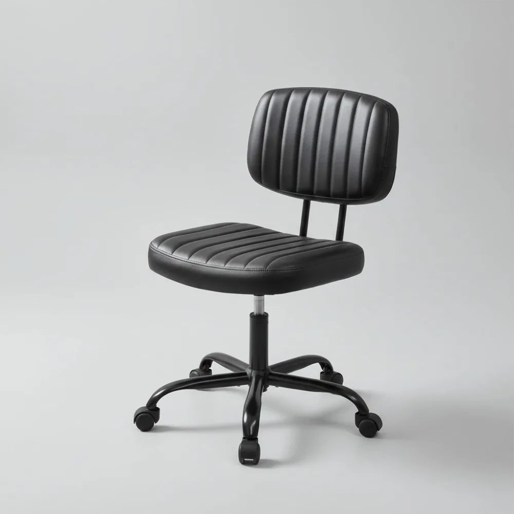 كرسي مكتب من جلد البولي يوريثان بدون ذراع مع دعم قطني، كرسي مهام دوار قابل للتعديل للارتفاع للمساحات الصغيرة، المكتب المنزلي