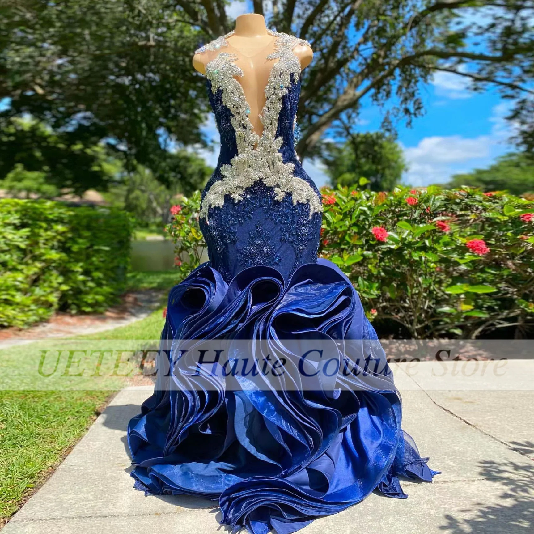 Novo luxo royal azul vestidos de baile para as mulheres beading lantejoulas inchado fundo babados celebridade festa noite vestido tamanho personalizado