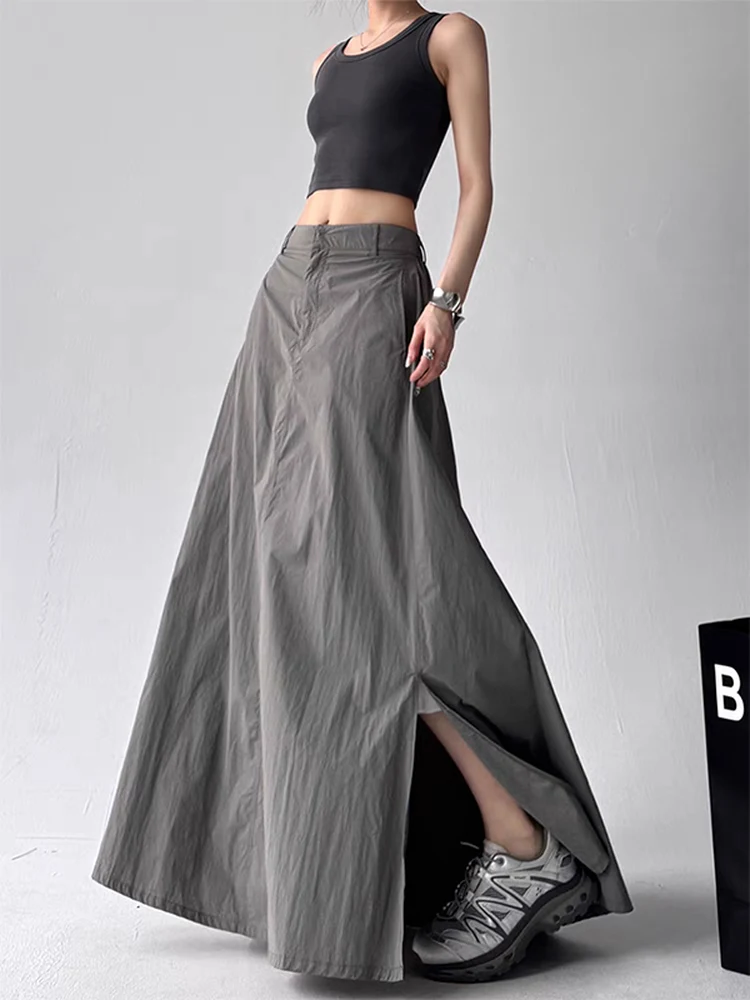 

Summer High Waist A-Line Midi Skirt Women's Lightweight Fabric Asymmetrical Hemline Sun Protection Versatile Color Skirt